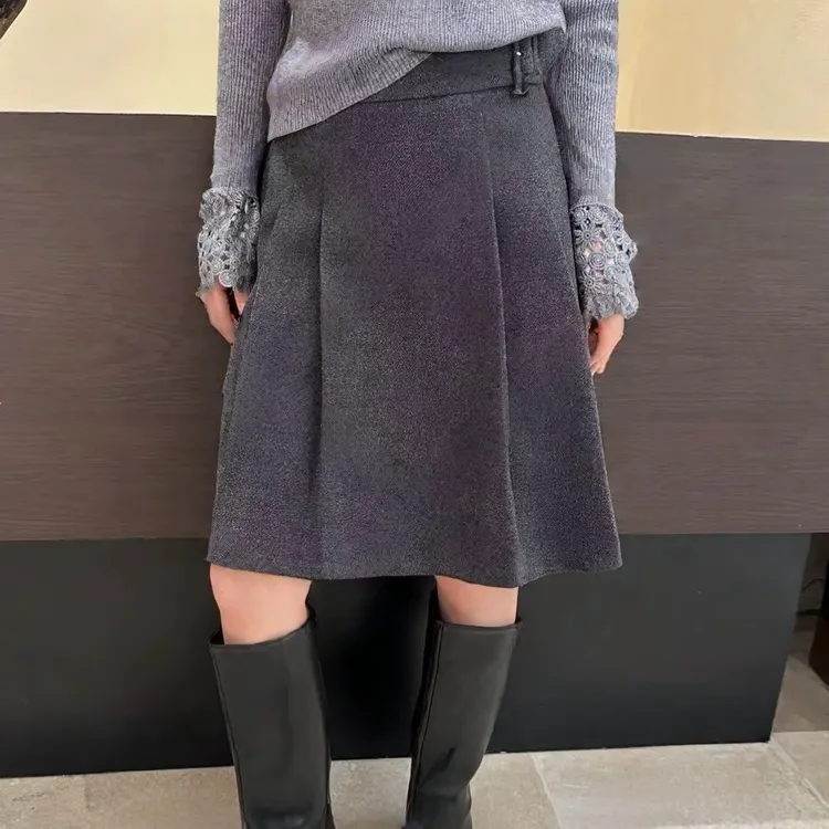 高腰气质灰色毛呢百褶半身裙女冬季2025新款褶百搭皱中长款A字裙