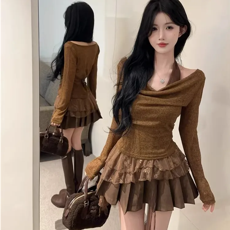 早秋美式辣妹复古法式荡领两件套针织设计感挂脖蕾丝长袖上衣女