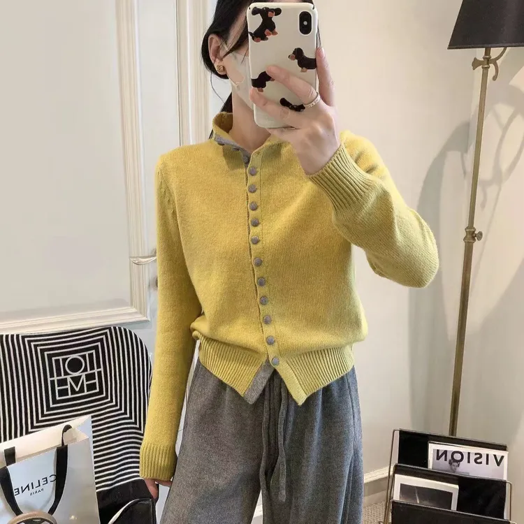 秋冬韩系简约软糯百搭显瘦保暖高领长袖针织开衫女拼接半高领