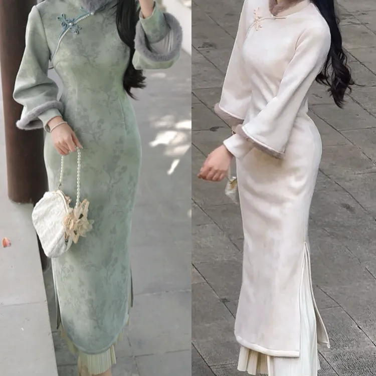 俏娘鱼绿色复古新中式加绒保暖毛绒领旗袍女2025冬新款改良年轻款