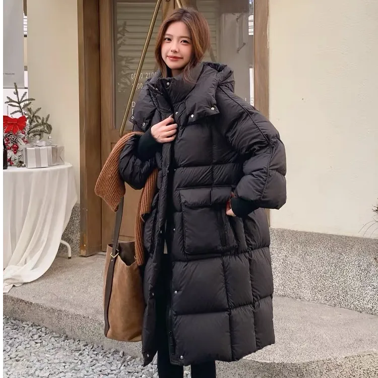【90白鸭绒】正品韩版高级时尚连帽保暖中长款泡芙加厚被子款羽绒服