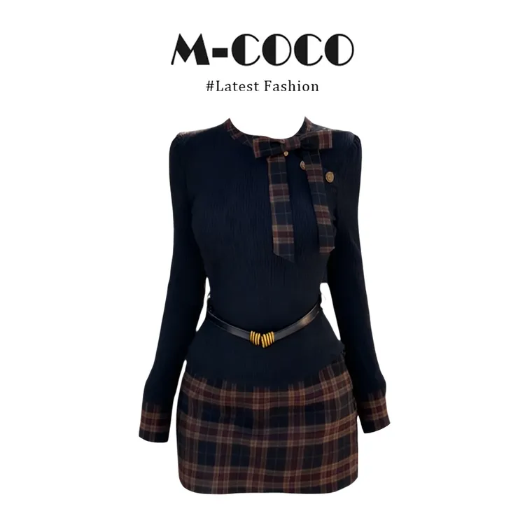 MARIE.COCO法式气质格纹拼接蝴蝶结长袖针织衫高腰半身裙秋冬套装
