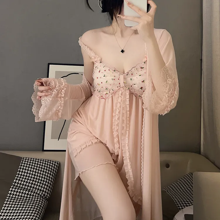 路约威格网纱睡衣性感吊带睡裙薄款蕾丝纯欲风家居服两件套带胸垫