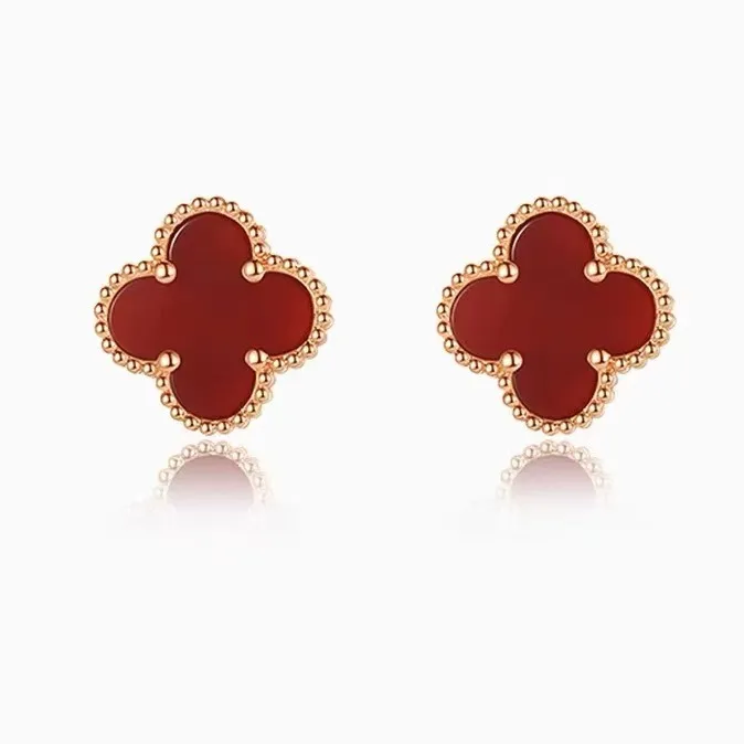 18K金四叶草耳钉女玫瑰彩金耳饰红轻奢防过敏送女友礼物手腕配饰
