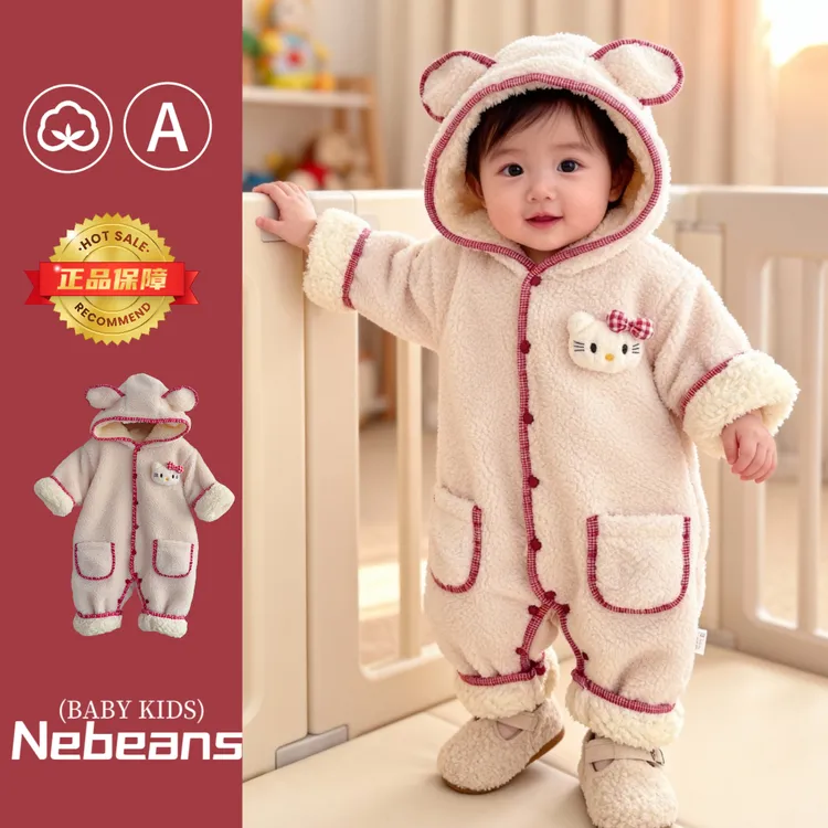 冬季加厚0-2岁保暖婴儿连帽防风哈衣女宝冬天洋气外出衣服爬服
