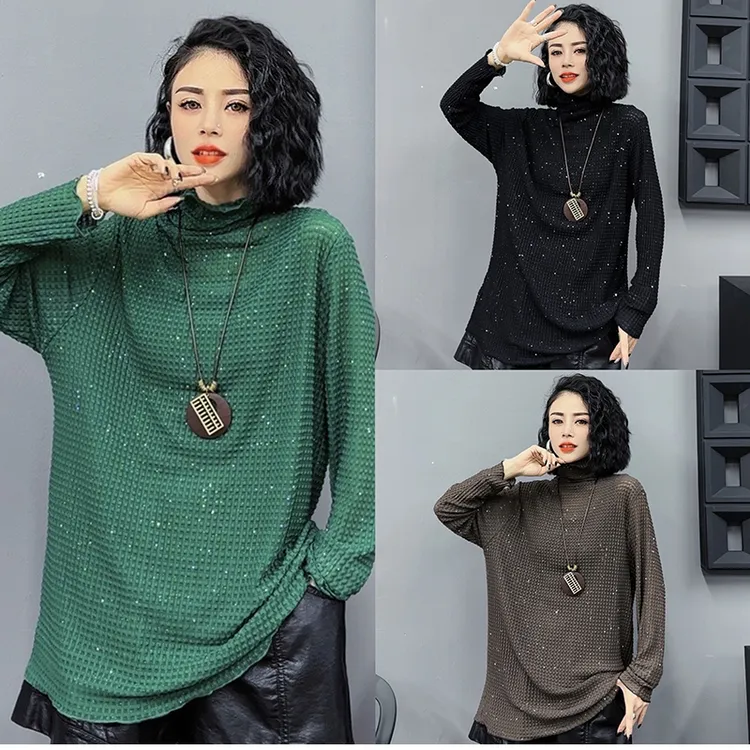 秋冬时尚镂空宽松套头透气休闲百搭高领气质韩版女装长袖针织衫