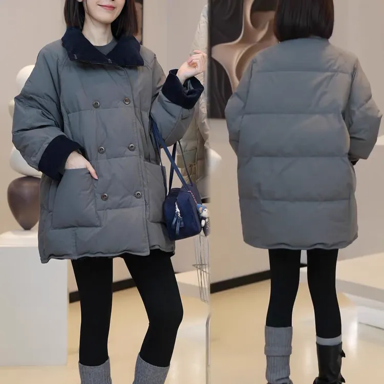 时尚韩版百搭中长款棉衣外套2025冬季新款宽松显瘦立领双排扣棉服