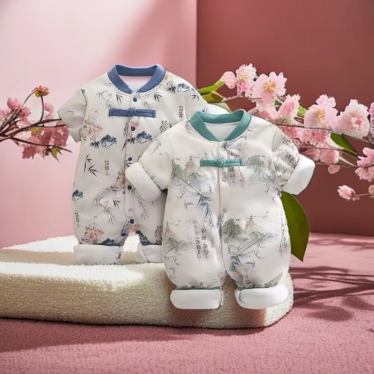 1中国风婴儿连体衣加棉加厚冬季a类无骨婴幼儿哈衣纯棉男宝宝棉袄