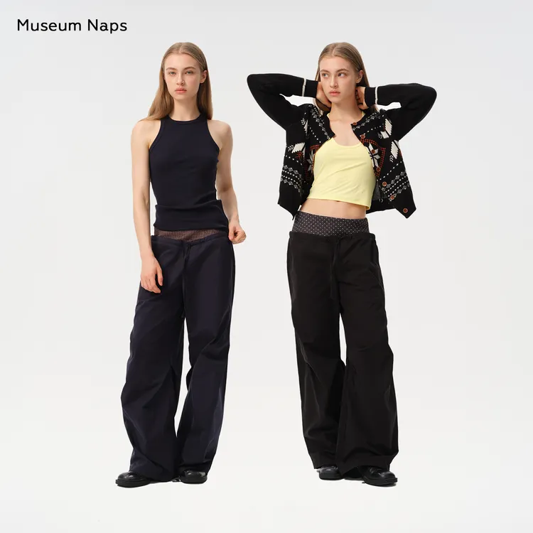 Museum Naps 波点/格纹针织拼接双腰头宽松休闲裤