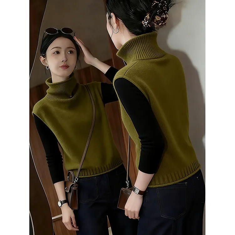 韩版慵懒风无袖毛衣套装2025年秋季新款绿色高领针织马甲女两件套