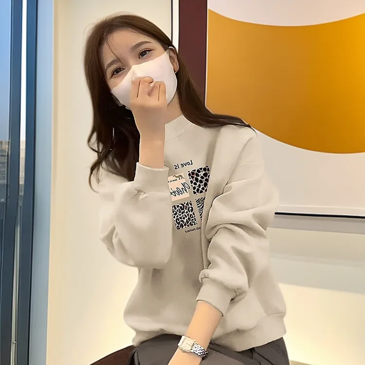 即墨保暖卫衣加厚加绒女2025新款秋冬季宽松百搭半高领打底衫上衣