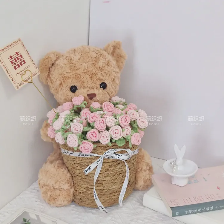 成品新款结婚礼物手工钩织泡泡多头玫瑰diy材料包泰迪熊抱抱捅