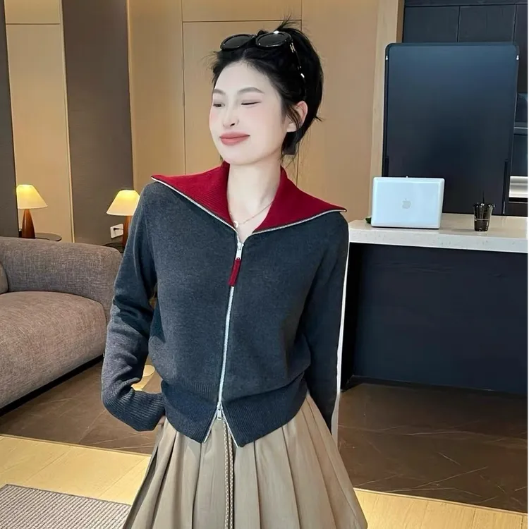 韩系秋季穿搭撞色翻领针织开衫外套女设计感短款拉链毛衣外穿上衣