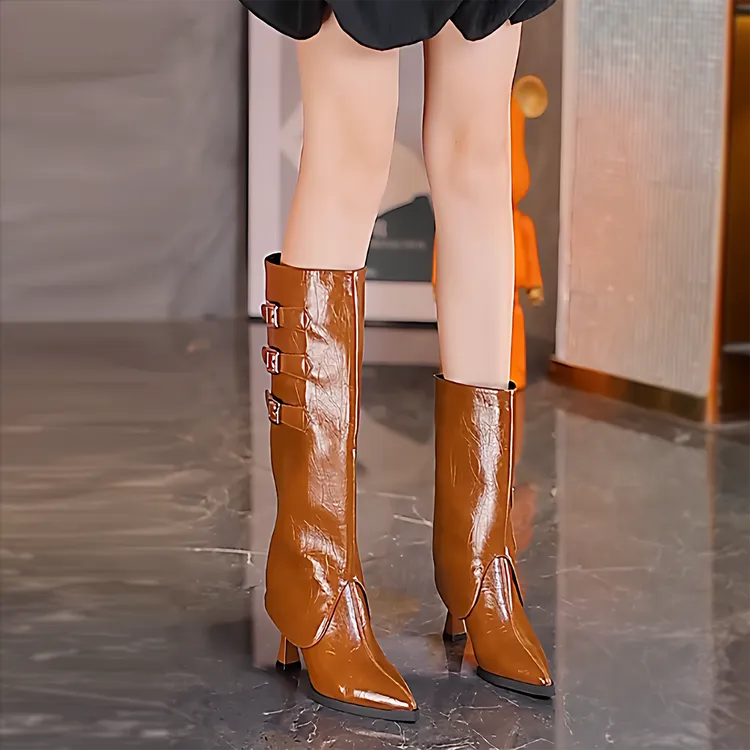 秋冬爆款一鞋三穿尖头高跟短靴女细跟长筒裤管靴皮带扣百搭时装靴