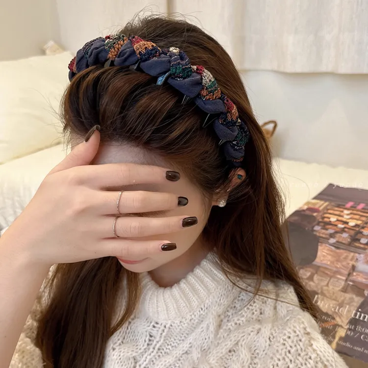 秋冬复古拼色布艺缠绕带齿防滑发箍女2025新款高颅顶头箍发卡发饰