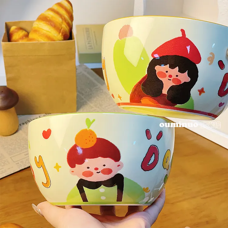 B-家有儿女6英寸面碗2个装家用陶瓷可爱小清新米饭碗沙拉碗