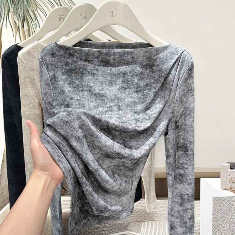 水墨扎染一字领上衣女2025新款轻奢高级感褶皱收腰不规则露肩上衣