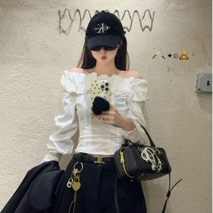 小众设计感纯欲一字领长袖白衬衫2025春季新款甜辣修身显瘦上衣潮