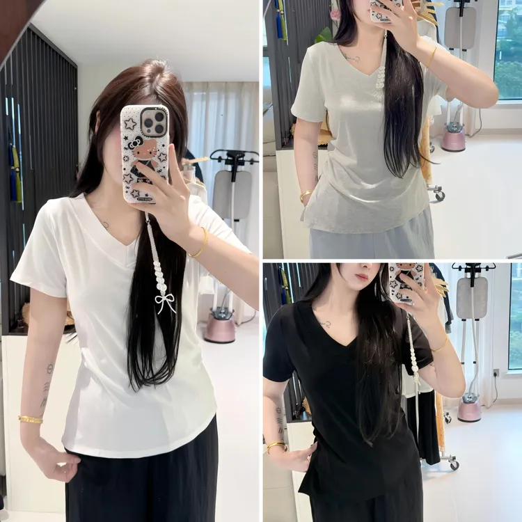 李潇洒【韩漫身材2.0】微胖大码夏季V领捏褶收腰下摆斜裁短袖T恤