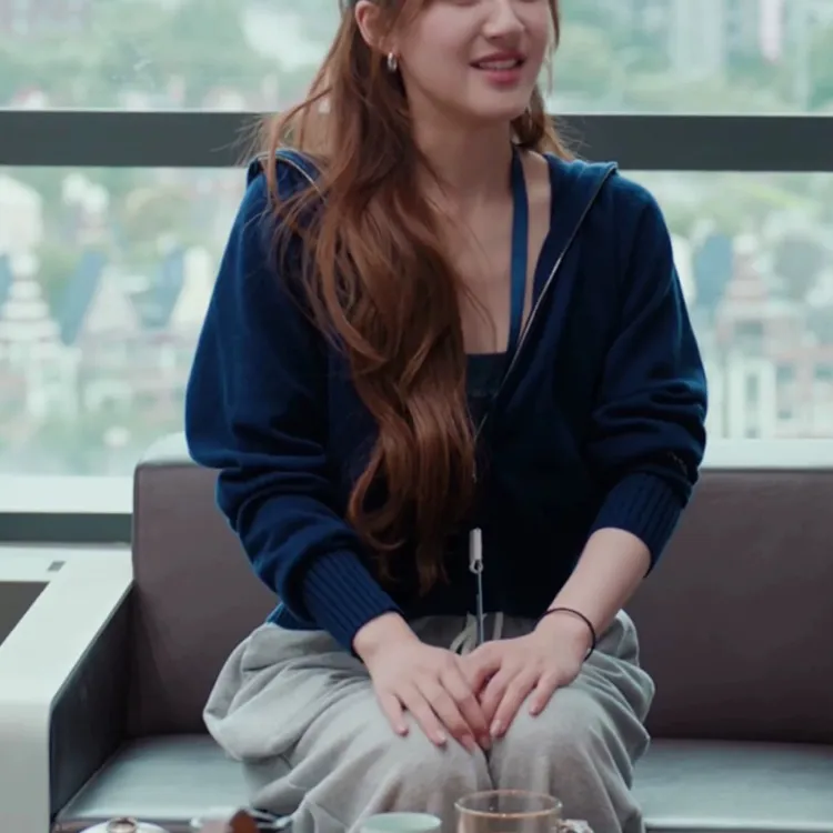 许妍同款时尚休闲运动套装女2025秋季新款针织连帽开衫卫裤两件套