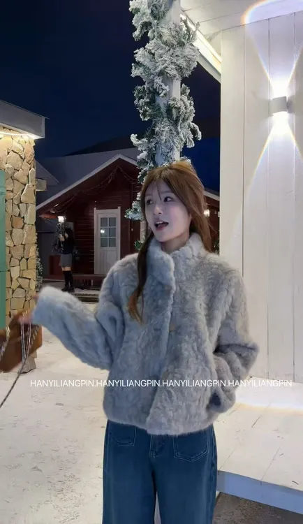 【北冰洋】韩系冬季立领单排扣毛毛外套