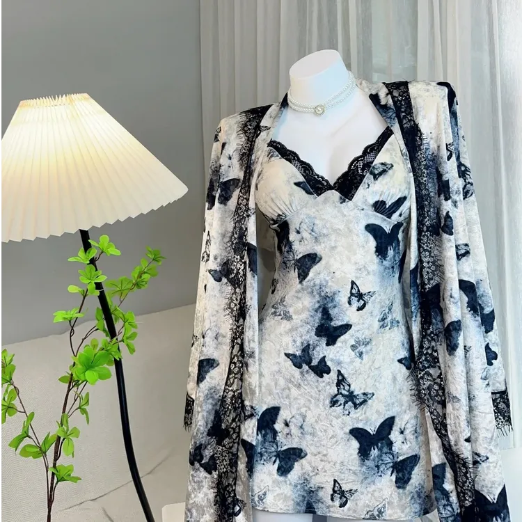 大码轻奢低胸水墨蝴蝶深V加胸垫露背吊带睡裙外袍大码套装