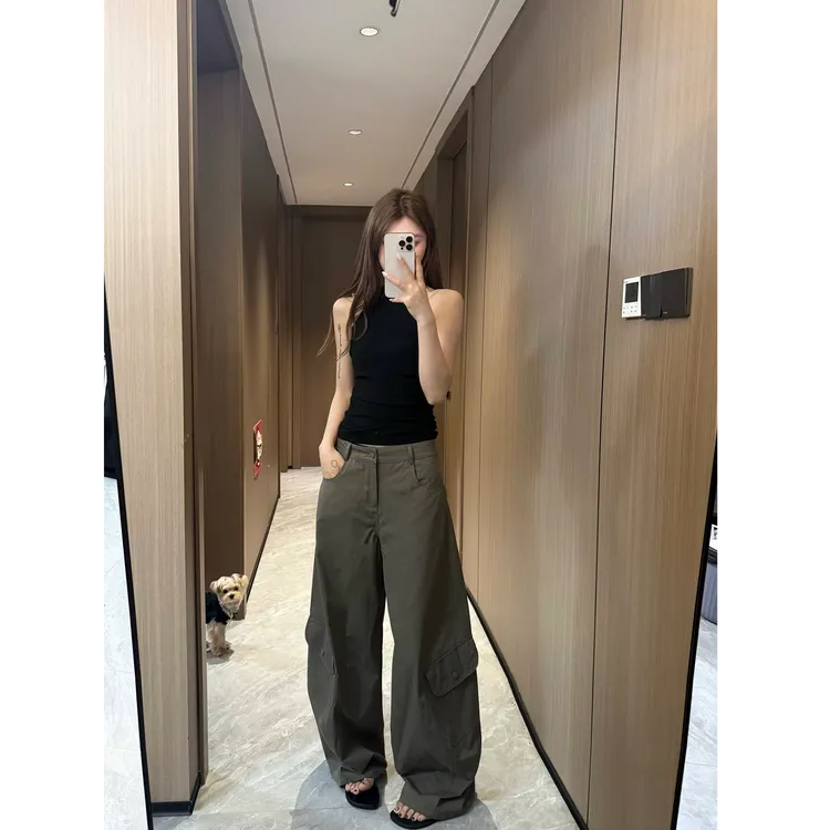 加绒加厚绿色工装裤女春季美式辣妹休闲裤宽松百搭阔腿裤拖地裤子