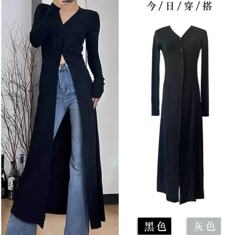 2026春季新款女装针织开衫黑色高级感气质防晒中长款外套