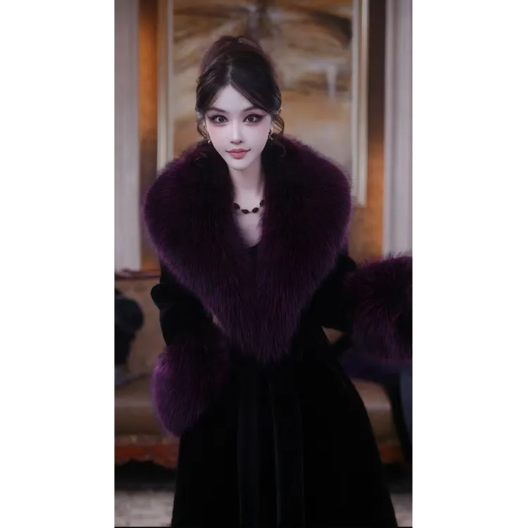  法式高奢气质秋冬新款黑色长款"修身显瘦"印尖毛领"毛毛外套MXH