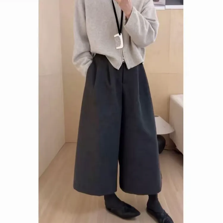 秋冬新款加厚毛呢阔腿女八分裤慵懒风百搭显瘦休闲裤