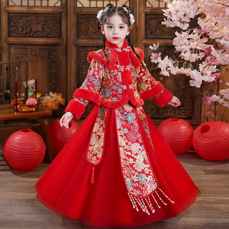 拜年服女童汉服套装裙冬装加绒加厚马面裙超仙女孩连衣裙儿童古装