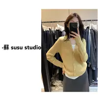 JS韩系气质百搭假两件撞色针织衫女感简约通勤显瘦开衫外套0955