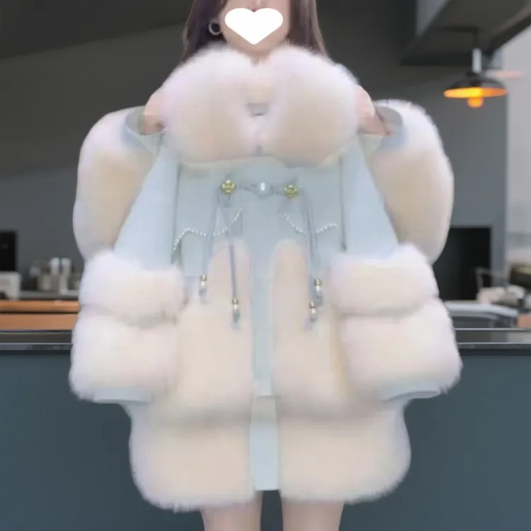 人造皮草 宽松环保慵懒风冰川蓝大毛领冬季拉链仿皮草加绒厚外套