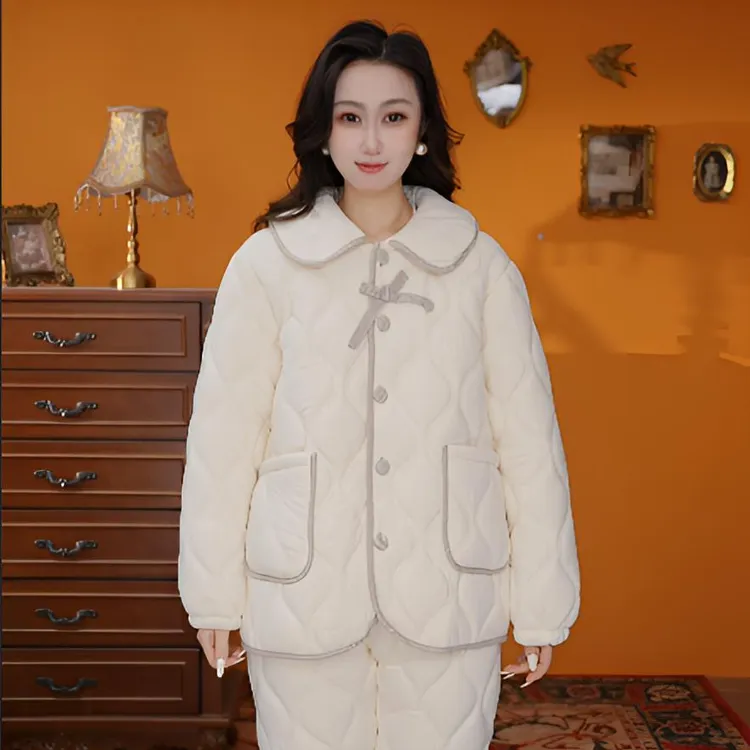 达芬奇密码2026镶边小翻领秋冬三层夹棉加厚款保暖女家居服