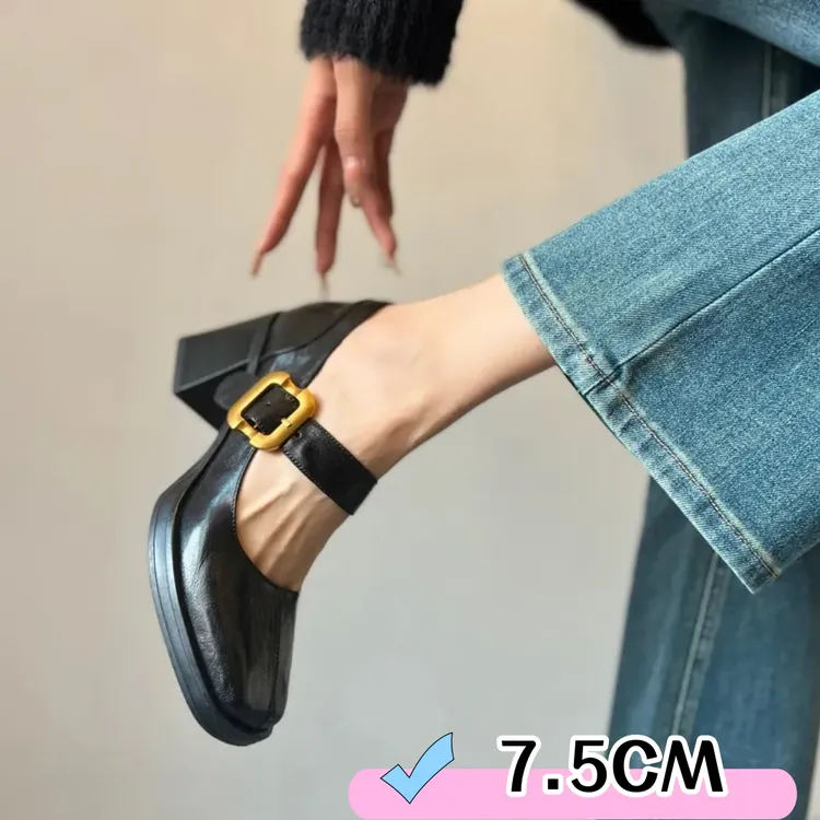 法式内增高复古方头粗跟一字带玛丽珍女鞋春季百搭通勤单鞋高跟