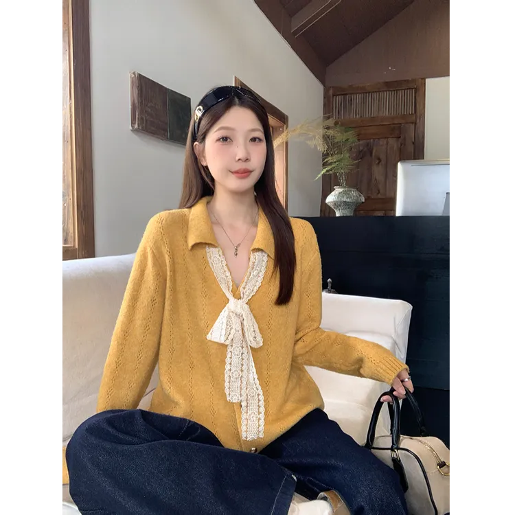 大码女装胖mm秋冬新款设计感宽松减龄蕾丝系带蝴蝶结针织毛衣开衫