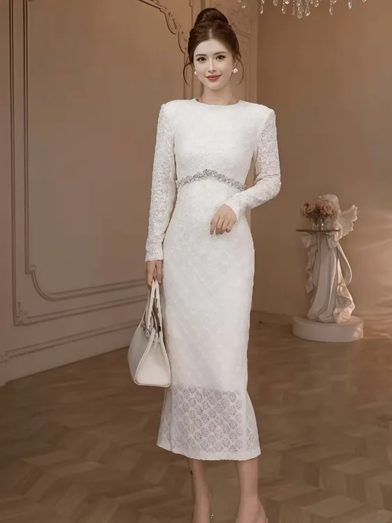 45371 时尚洋气减龄收腰裙子小个子法式小香风轻奢气质蕾丝连衣裙