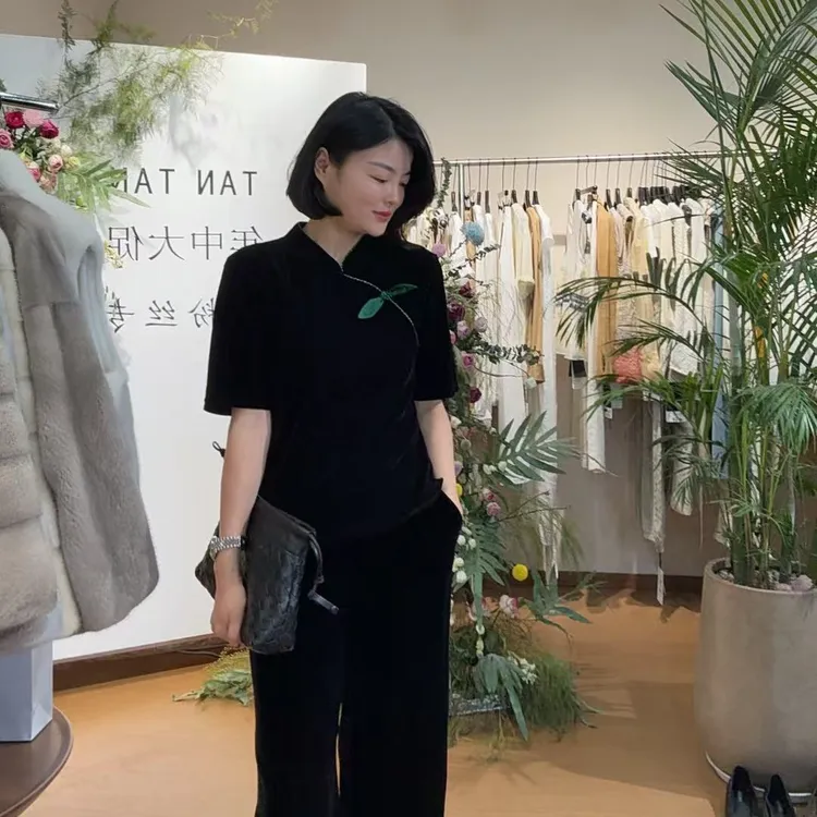 TANTAN气质显瘦新中式立领时尚短袖上衣2843