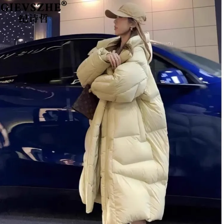 纪诗哲奶油黄色羽绒服女冬季新款2025中长款宽松白鸭绒面包服外套