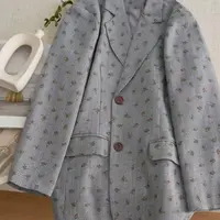 美国进口法式复古清新碎花阔版西装中长款港风印花休闲亚麻过臀单