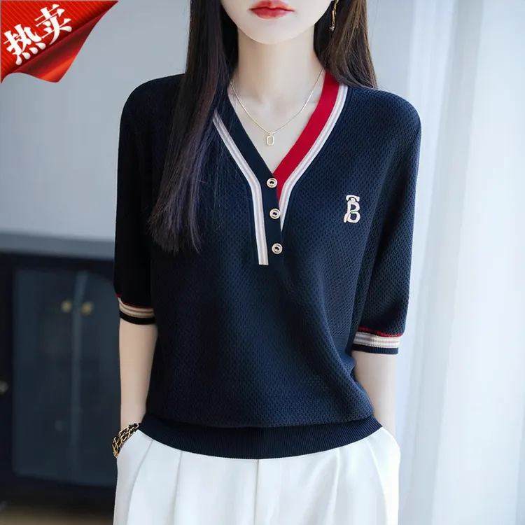 2025新款夏季新款时尚意式风女上衣拼色短袖针织衫v领T恤薄大码