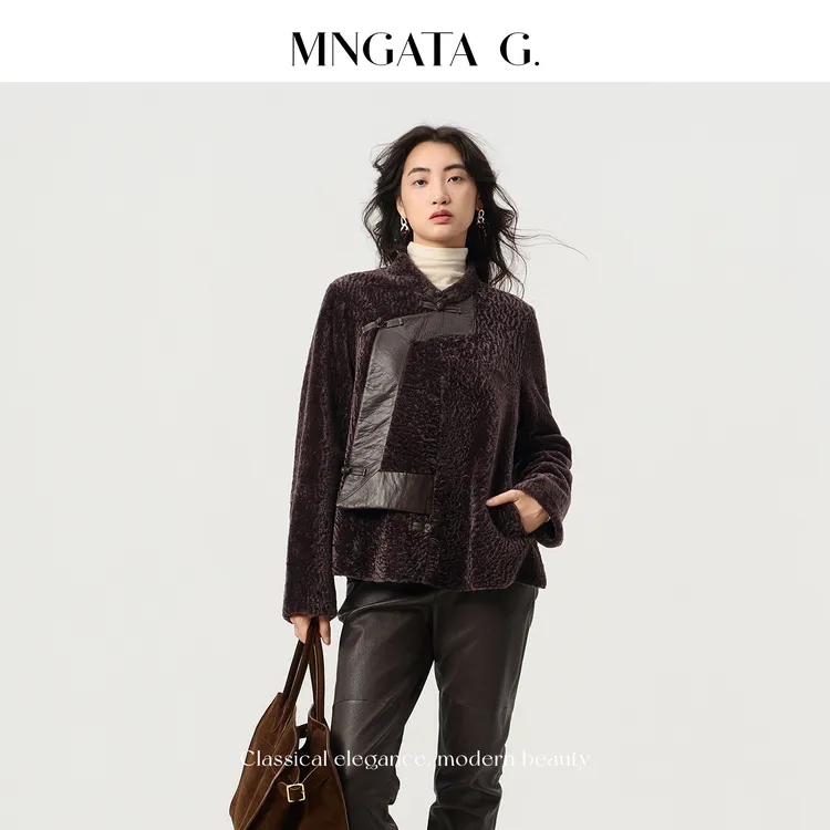 MNGATA G.宫小妍【卡拉库·波纹紫】皮毛一体南非水波纹外套5071654