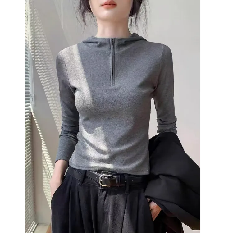 韩版拉链半开领长袖上衣T恤女2025秋新款流行修身连帽卫衣打底衫