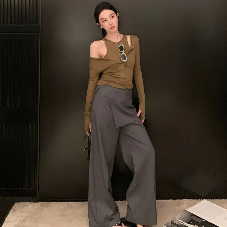 美式复古辣妹挂脖假两件长袖T恤女春季新款小众设计感修身上衣潮