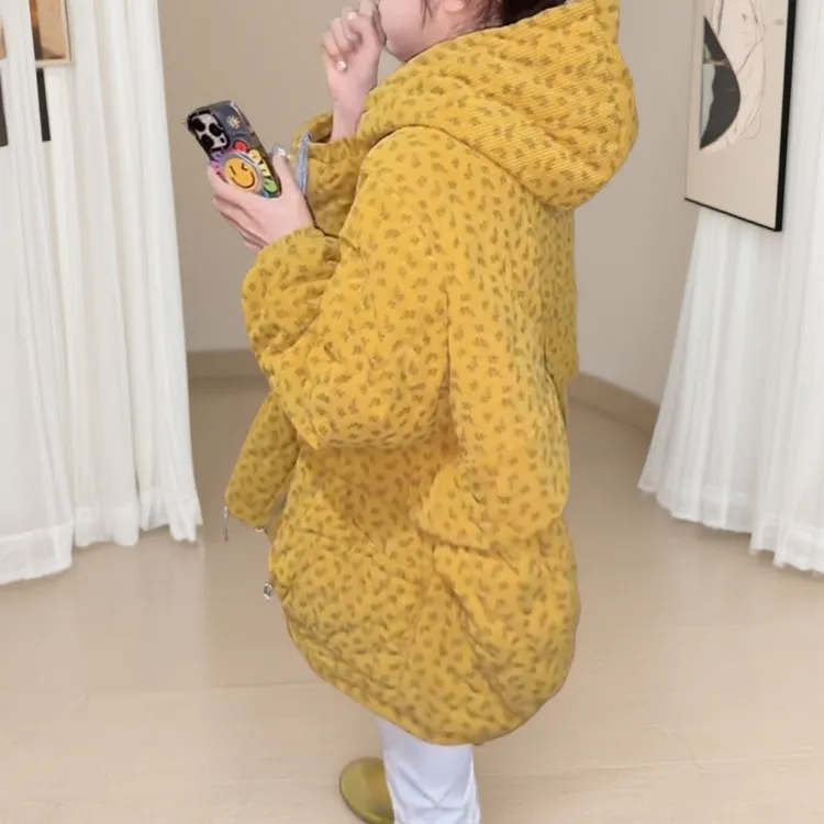 轻奢设计感慵懒风连帽棉服外套女2025秋冬新款减龄碎花宽松棉衣