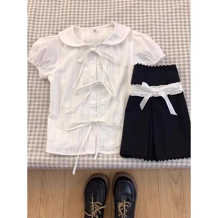 【工厂直销】娃娃领蝴蝶结泡泡袖衬衫女夏独特漂亮小衫纯棉衬衣1237