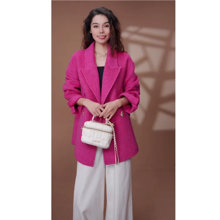 【25089玫红短版】时尚羊驼羊毛大衣设计师款秋冬毛呢外套-禁水洗