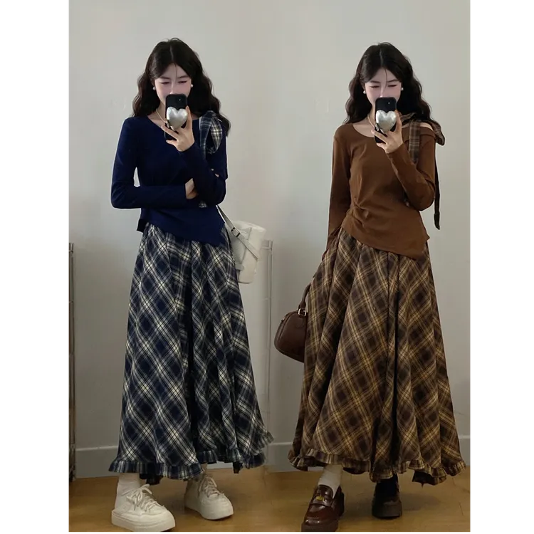 大码初秋露肩蝴蝶结长袖上衣+格子半身裙两件套裙女时尚套装