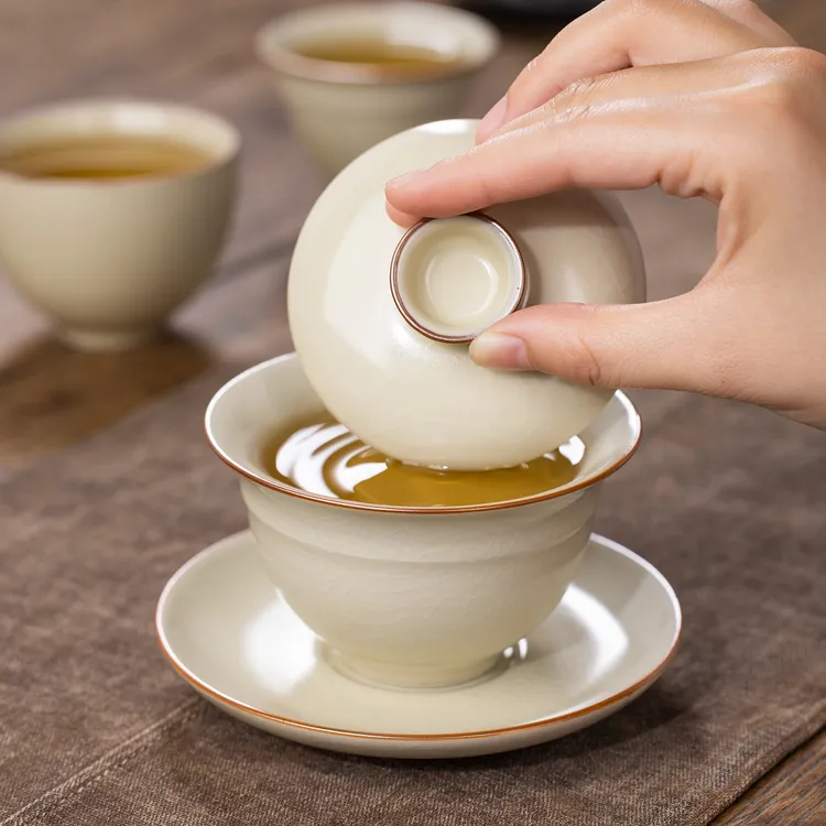 汝窑三才盖碗不烫手中式陶瓷开片可养茶杯高档家用泡茶碗茶道器具