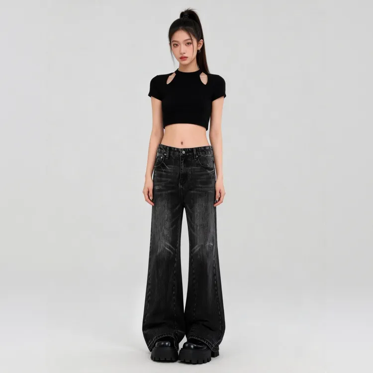 美式复古街头中性风水洗做旧挑花猫须宽松微喇牛仔裤休闲长裤男女